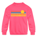 Colorado Youth Sweatshirt - Retro Sunrise Youth Colorado Crewneck Sweatshirt - neon pink