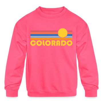 Colorado Youth Sweatshirt - Retro Sunrise Youth Colorado Crewneck Sweatshirt - neon pink