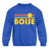 Boise, Idaho Youth Sweatshirt - Retro Sunrise Youth Boise Crewneck Sweatshirt - royal blue
