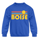 Boise, Idaho Youth Sweatshirt - Retro Sunrise Youth Boise Crewneck Sweatshirt - royal blue