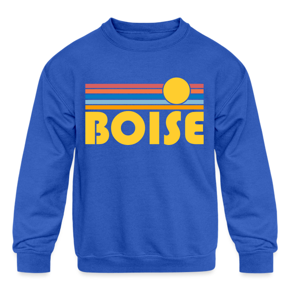 Boise, Idaho Youth Sweatshirt - Retro Sunrise Youth Boise Crewneck Sweatshirt - royal blue