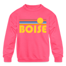 Boise, Idaho Youth Sweatshirt - Retro Sunrise Youth Boise Crewneck Sweatshirt - neon pink