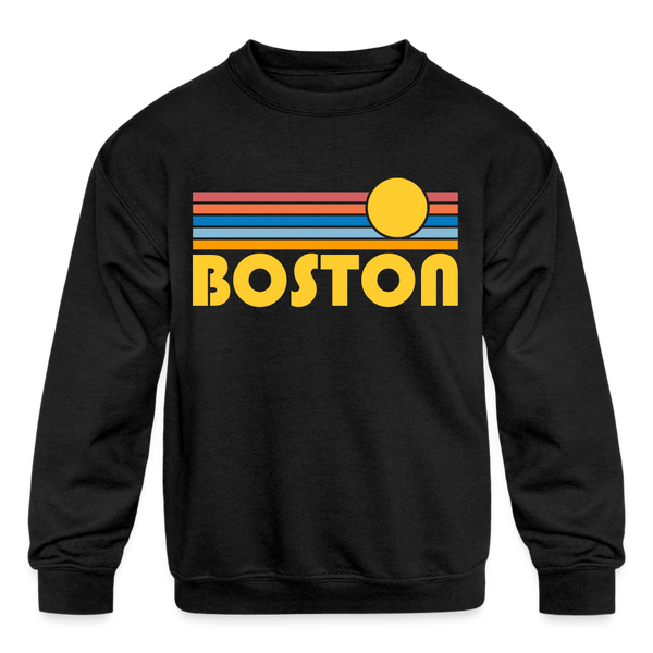 Boston, Massachusetts Youth Sweatshirt - Retro Sunrise Youth Boston Crewneck Sweatshirt - black