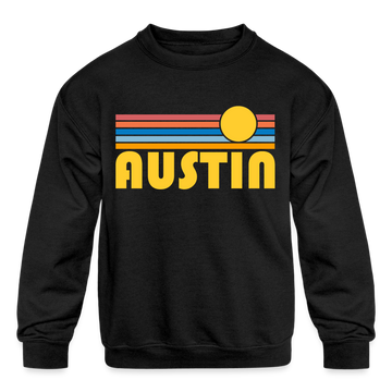 Austin, Texas Youth Sweatshirt - Retro Sunrise Youth Austin Crewneck Sweatshirt - black