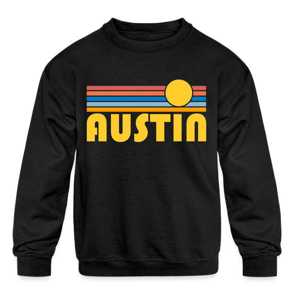 Austin, Texas Youth Sweatshirt - Retro Sunrise Youth Austin Crewneck Sweatshirt - black
