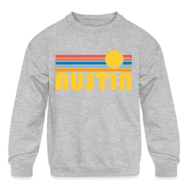 Austin, Texas Youth Sweatshirt - Retro Sunrise Youth Austin Crewneck Sweatshirt - heather gray