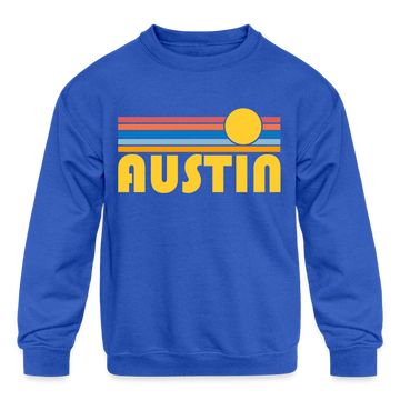 Austin, Texas Youth Sweatshirt - Retro Sunrise Youth Austin Crewneck Sweatshirt - royal blue