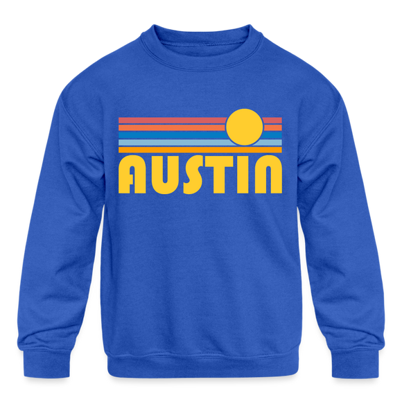 Austin, Texas Youth Sweatshirt - Retro Sunrise Youth Austin Crewneck Sweatshirt - royal blue