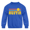 Austin, Texas Youth Sweatshirt - Retro Sunrise Youth Austin Crewneck Sweatshirt - royal blue
