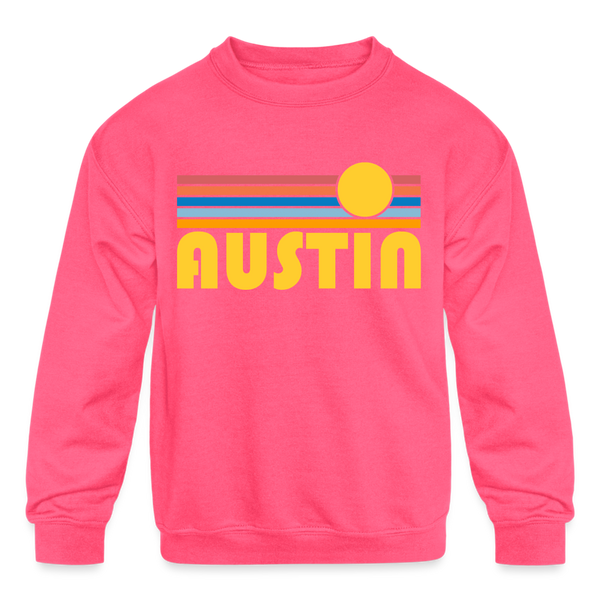 Austin, Texas Youth Sweatshirt - Retro Sunrise Youth Austin Crewneck Sweatshirt - neon pink