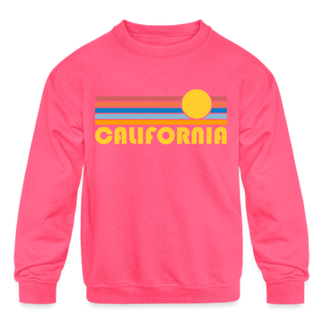 California Youth Sweatshirt - Retro Sunrise Youth California Crewneck Sweatshirt - neon pink