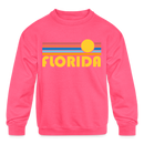 Florida Youth Sweatshirt - Retro Sunrise Youth Florida Crewneck Sweatshirt - neon pink