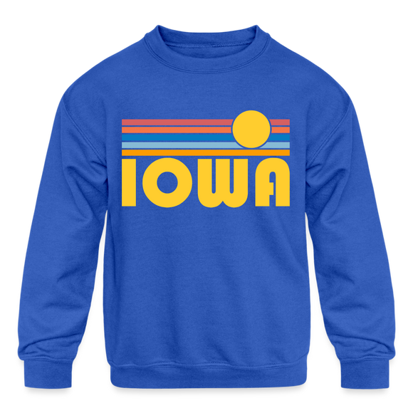 Iowa Youth Sweatshirt - Retro Sunrise Youth Iowa Crewneck Sweatshirt - royal blue