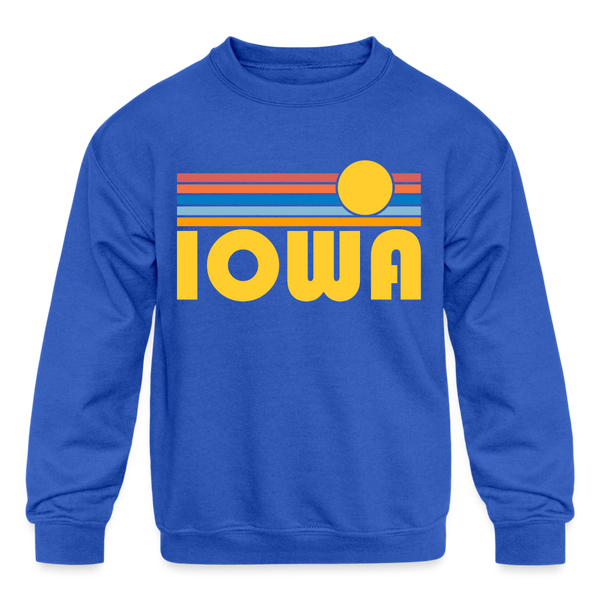Iowa Youth Sweatshirt - Retro Sunrise Youth Iowa Crewneck Sweatshirt - royal blue