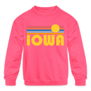 Iowa Youth Sweatshirt - Retro Sunrise Youth Iowa Crewneck Sweatshirt - neon pink
