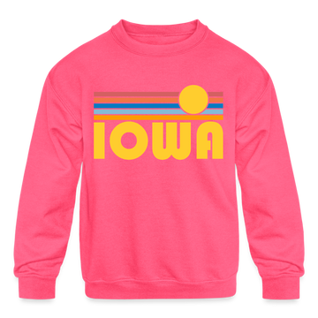 Iowa Youth Sweatshirt - Retro Sunrise Youth Iowa Crewneck Sweatshirt - neon pink