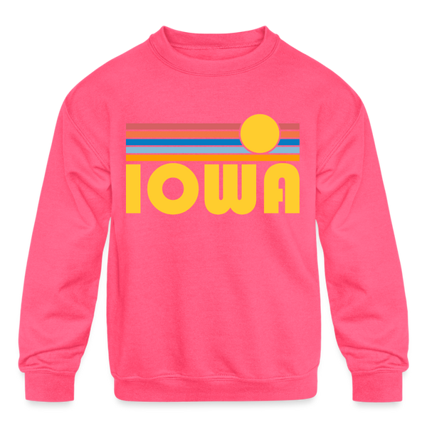 Iowa Youth Sweatshirt - Retro Sunrise Youth Iowa Crewneck Sweatshirt - neon pink