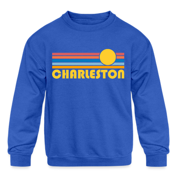 Charleston, South Carolina Youth Sweatshirt - Retro Sunrise Youth Charleston Crewneck Sweatshirt - royal blue