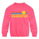 Charleston, South Carolina Youth Sweatshirt - Retro Sunrise Youth Charleston Crewneck Sweatshirt - neon pink