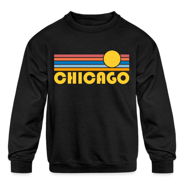 Chicago, Illinois Youth Sweatshirt - Retro Sunrise Youth Chicago Crewneck Sweatshirt - black