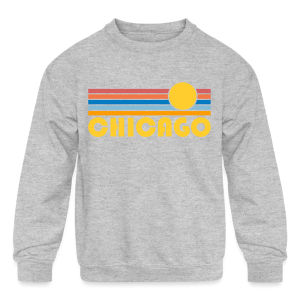 Chicago, Illinois Youth Sweatshirt - Retro Sunrise Youth Chicago Crewneck Sweatshirt - heather gray