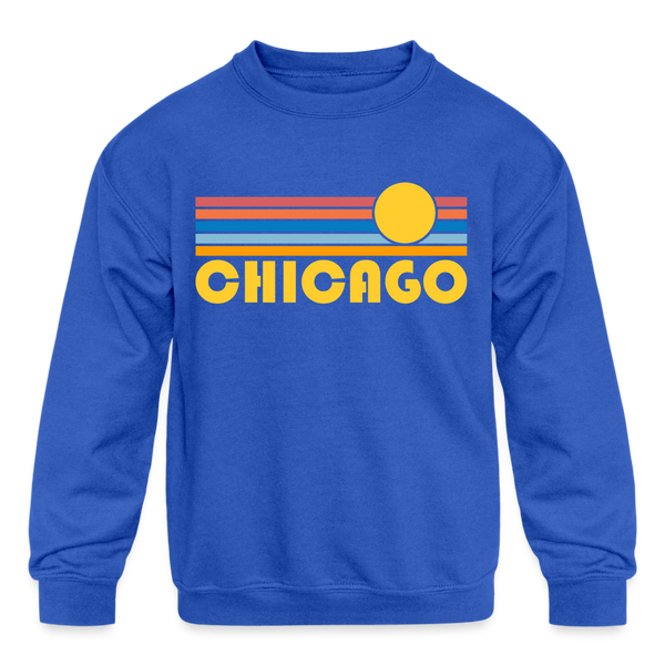 Chicago, Illinois Youth Sweatshirt - Retro Sunrise Youth Chicago Crewneck Sweatshirt - royal blue