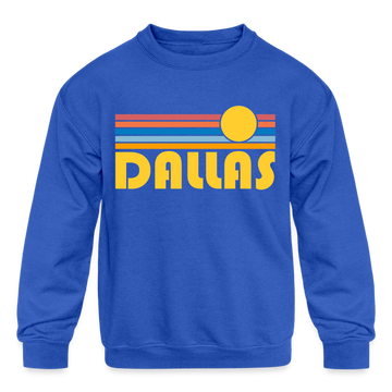 Dallas, Texas Youth Sweatshirt - Retro Sunrise Youth Dallas Crewneck Sweatshirt - royal blue