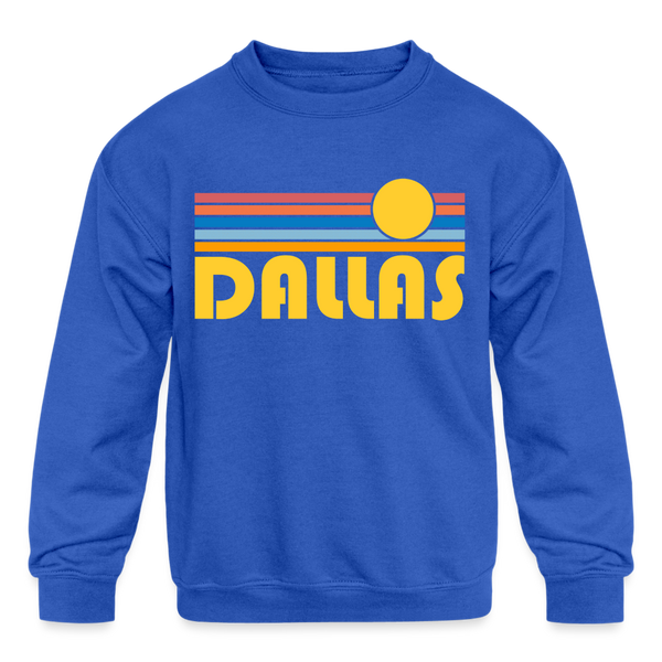 Dallas, Texas Youth Sweatshirt - Retro Sunrise Youth Dallas Crewneck Sweatshirt - royal blue