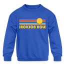 Jackson Hole, Wyoming Youth Sweatshirt - Retro Sunrise Youth Jackson Hole Crewneck Sweatshirt - royal blue