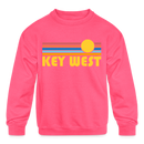 Key West, Florida Youth Sweatshirt - Retro Sunrise Youth Key West Crewneck Sweatshirt - neon pink