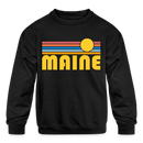Maine Youth Sweatshirt - Retro Sunrise Youth Maine Crewneck Sweatshirt - black