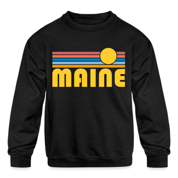 Maine Youth Sweatshirt - Retro Sunrise Youth Maine Crewneck Sweatshirt - black