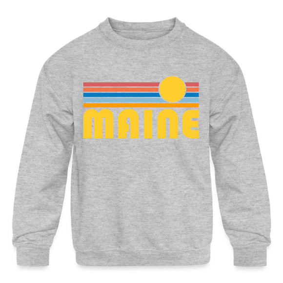 Maine Youth Sweatshirt - Retro Sunrise Youth Maine Crewneck Sweatshirt - heather gray