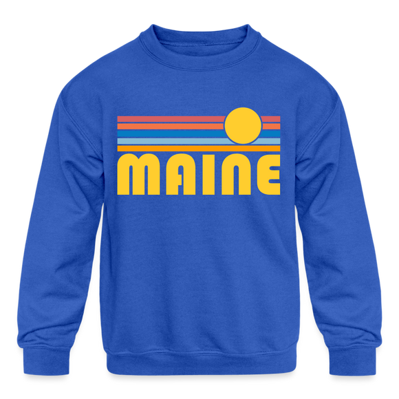 Maine Youth Sweatshirt - Retro Sunrise Youth Maine Crewneck Sweatshirt - royal blue