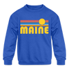 Maine Youth Sweatshirt - Retro Sunrise Youth Maine Crewneck Sweatshirt - royal blue