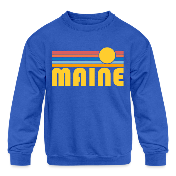Maine Youth Sweatshirt - Retro Sunrise Youth Maine Crewneck Sweatshirt - royal blue