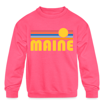 Maine Youth Sweatshirt - Retro Sunrise Youth Maine Crewneck Sweatshirt - neon pink