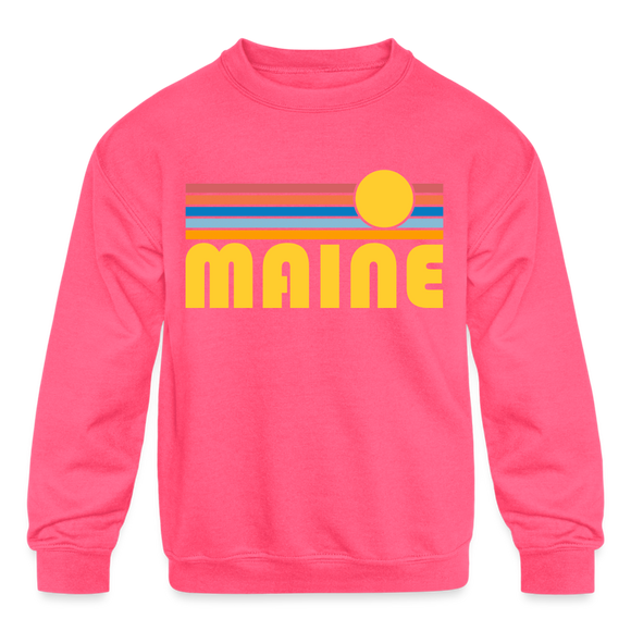 Maine Youth Sweatshirt - Retro Sunrise Youth Maine Crewneck Sweatshirt - neon pink