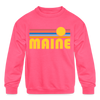 Maine Youth Sweatshirt - Retro Sunrise Youth Maine Crewneck Sweatshirt - neon pink
