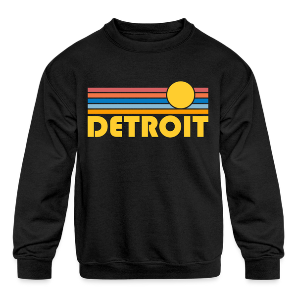 Detroit, Michigan Youth Sweatshirt - Retro Sunrise Youth Detroit Crewneck Sweatshirt - black