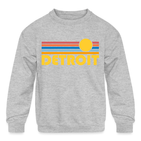 Detroit, Michigan Youth Sweatshirt - Retro Sunrise Youth Detroit Crewneck Sweatshirt - heather gray