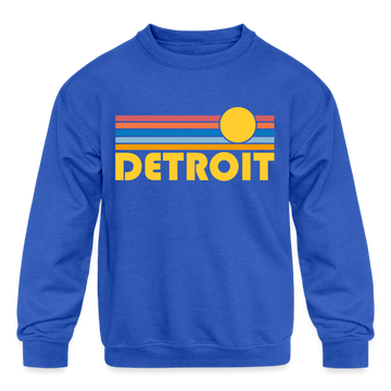Detroit, Michigan Youth Sweatshirt - Retro Sunrise Youth Detroit Crewneck Sweatshirt - royal blue
