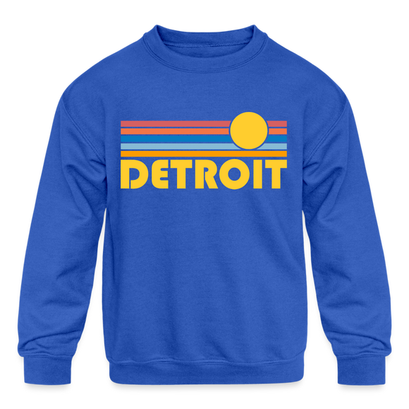 Detroit, Michigan Youth Sweatshirt - Retro Sunrise Youth Detroit Crewneck Sweatshirt - royal blue