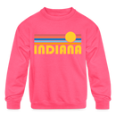 Indiana Youth Sweatshirt - Retro Sunrise Youth Indiana Crewneck Sweatshirt - neon pink