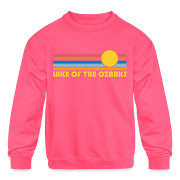 Lake of the Ozarks, Missouri Youth Sweatshirt - Retro Sunrise Youth Lake of the Ozarks Crewneck Sweatshirt - neon pink