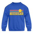Michigan Youth Sweatshirt - Retro Sunrise Youth Michigan Crewneck Sweatshirt - royal blue