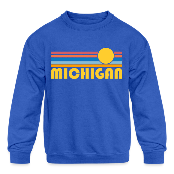 Michigan Youth Sweatshirt - Retro Sunrise Youth Michigan Crewneck Sweatshirt - royal blue