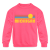 Michigan Youth Sweatshirt - Retro Sunrise Youth Michigan Crewneck Sweatshirt - neon pink