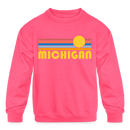 Michigan Youth Sweatshirt - Retro Sunrise Youth Michigan Crewneck Sweatshirt - neon pink