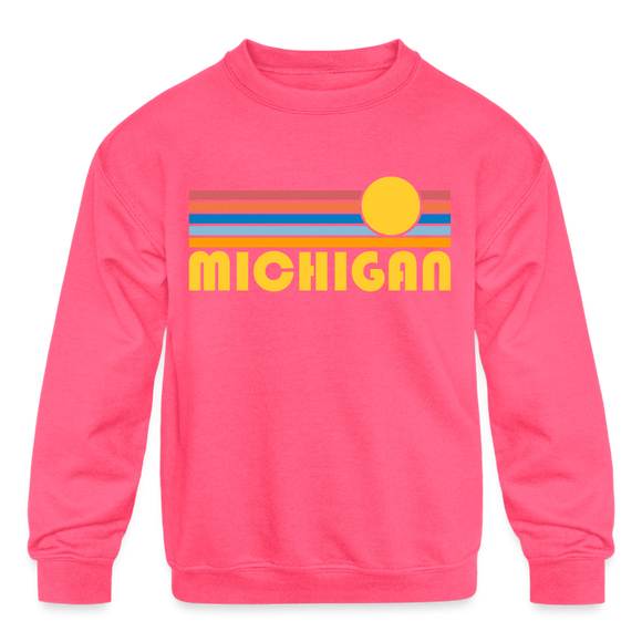Michigan Youth Sweatshirt - Retro Sunrise Youth Michigan Crewneck Sweatshirt - neon pink